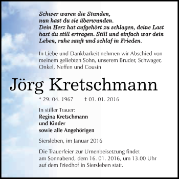 Traueranzeige von Jörg Kretschmann von Wochenspiegel Mansfelder Land