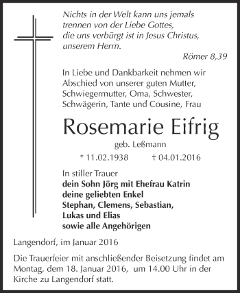 Traueranzeige von Rosemarie Eifrig von Super Sonntag Zeitz