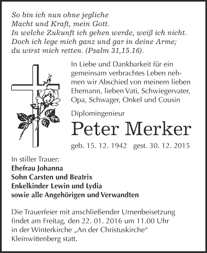  Traueranzeige für Peter Merker vom 16.01.2016 aus WVG - Wochenspiegel Wittenberg