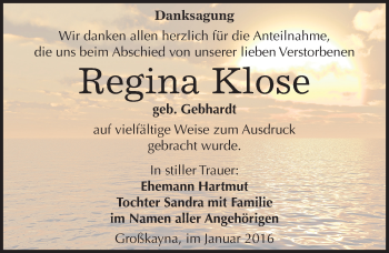 Traueranzeige von Regina Klose von Mitteldeutsche Zeitung Merseburg/Querfurt
