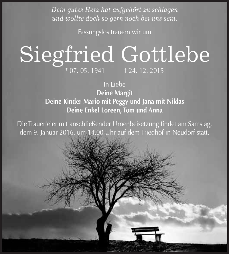  Traueranzeige für Siegfried Gottlebe vom 02.01.2016 aus WVG - Wochenspiegel Quedlinburg
