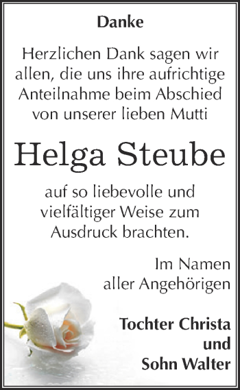 Traueranzeige von Helga Steube von WVG - Wochenspiegel Dessau / Köthen