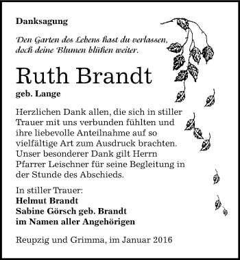 Traueranzeige von Ruth Brandt von Mitteldeutsche Zeitung Köthen