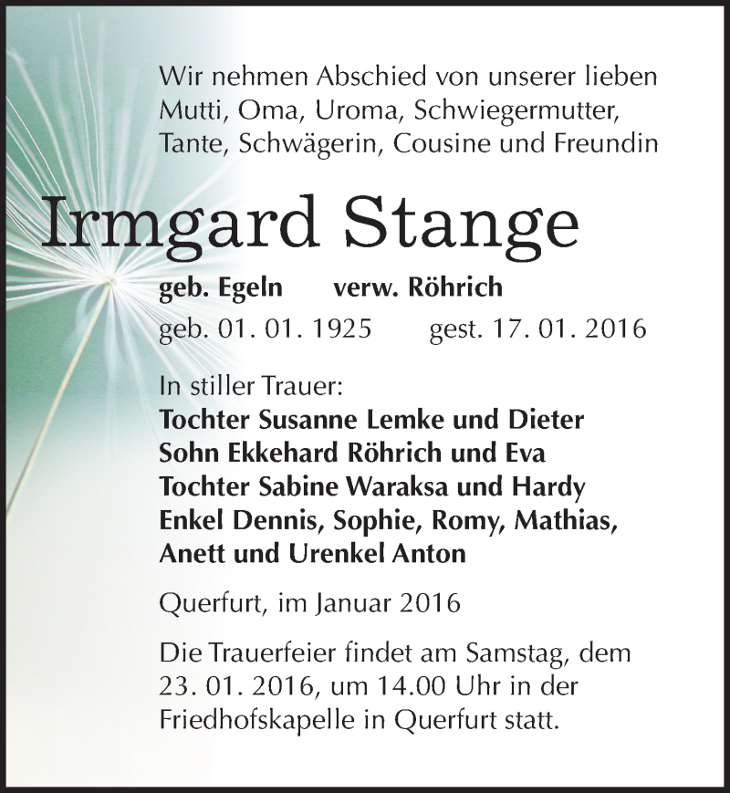  Traueranzeige für Irmgard Stange vom 19.01.2016 aus Mitteldeutsche Zeitung Merseburg/Querfurt
