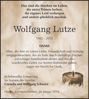 Traueranzeige von Wolfgang Lutze von Super Sonntag Aschersleben