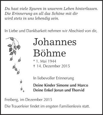 Traueranzeige von Johannes Böhme von WVG - Wochenspiegel NMB / WSF / ZTZ