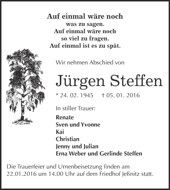Traueranzeige von Jürgen Steffen von WVG - Wochenspiegel Bitterfeld