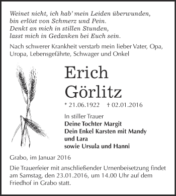 Traueranzeige von Erich Görlitz von WVG - Wochenspiegel Wittenberg