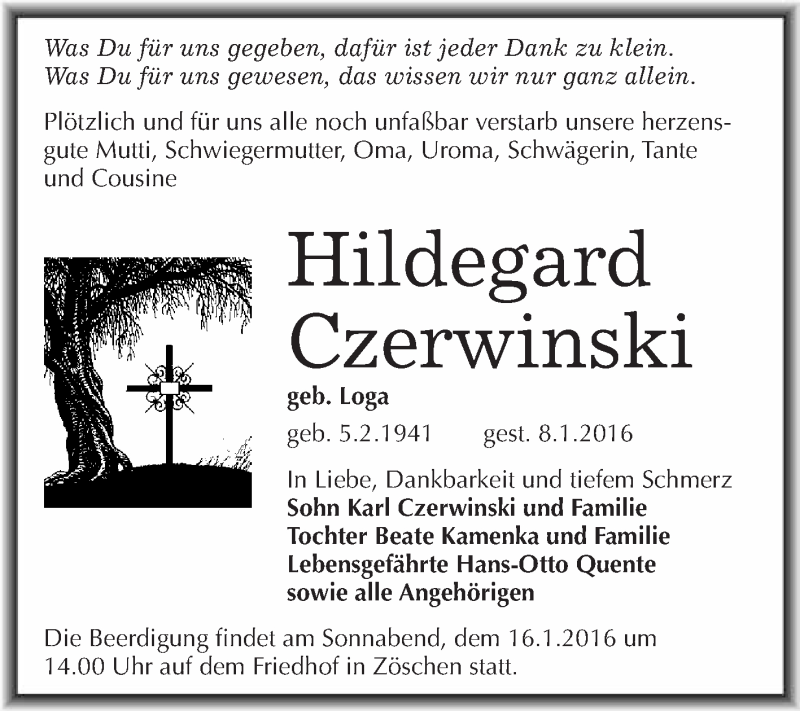  Traueranzeige für Hildegard Czerwinski vom 16.01.2016 aus WVG - Wochenspiegel Merseburg