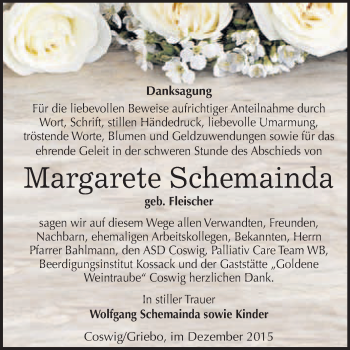 Traueranzeige von Margarete Schemainda von Super Sonntag Wittenberg