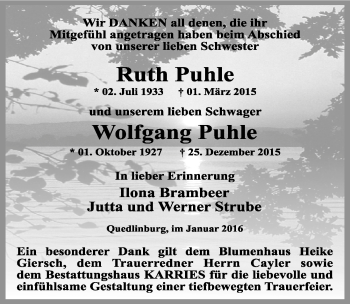 Traueranzeige von Ruth und Wolfgang Puhle von Mitteldeutsche Zeitung Quedlinburg