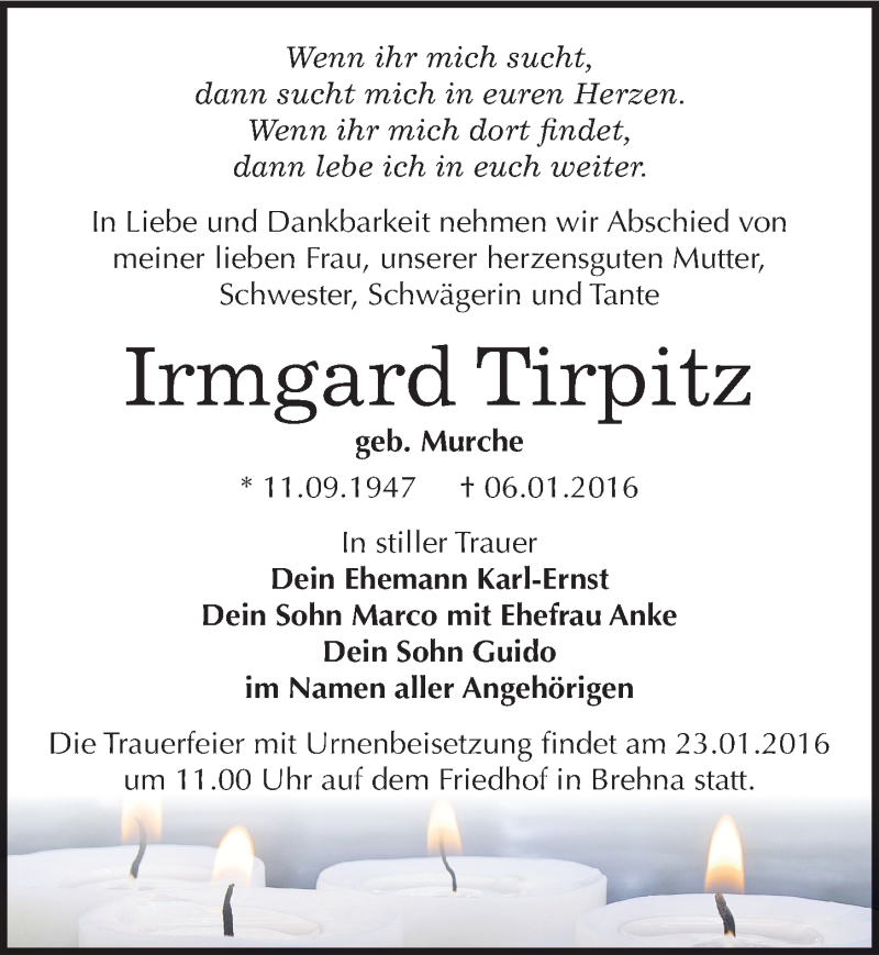  Traueranzeige für Irmgard Tirpitz vom 16.01.2016 aus Mitteldeutsche Zeitung Bitterfeld