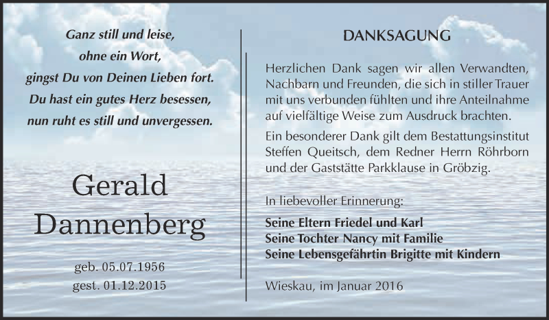  Traueranzeige für Gerald Dannenberg vom 16.01.2016 aus WVG - Wochenspiegel Dessau / Köthen