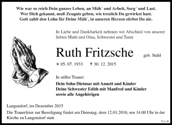 Traueranzeige von Ruth Fritzsche von WVG - Wochenspiegel NMB / WSF / ZTZ