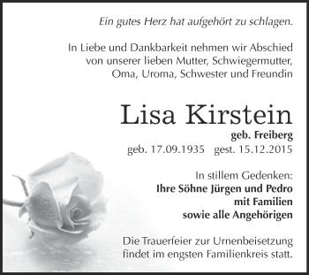 Traueranzeige von Lisa Kirstein von Super Sonntag SGH Mansf. Land