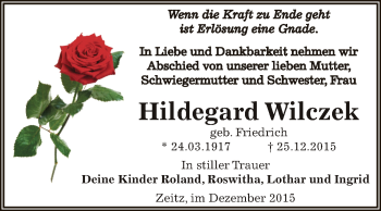 Traueranzeige von Hildegard Wilczek von Super Sonntag Zeitz