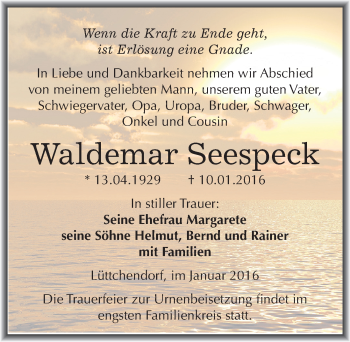 Traueranzeige von Waldemar Seespeck von Mitteldeutsche Zeitung Mansfelder Land