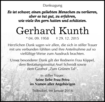 Traueranzeige von Gerhard Kunth von Mitteldeutsche Zeitung Naumburg/Nebra
