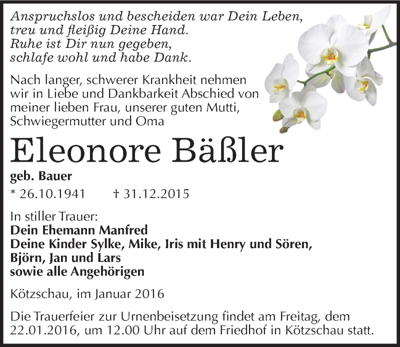  Traueranzeige für Eleonore Bäßler vom 09.01.2016 aus Mitteldeutsche Zeitung Merseburg/Querfurt