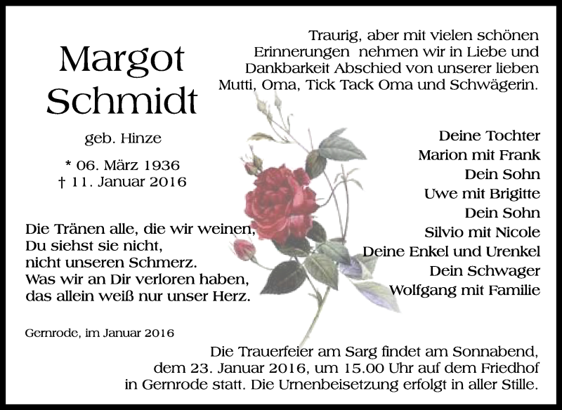  Traueranzeige für Margot Schmidt vom 16.01.2016 aus WVG - Wochenspiegel Quedlinburg