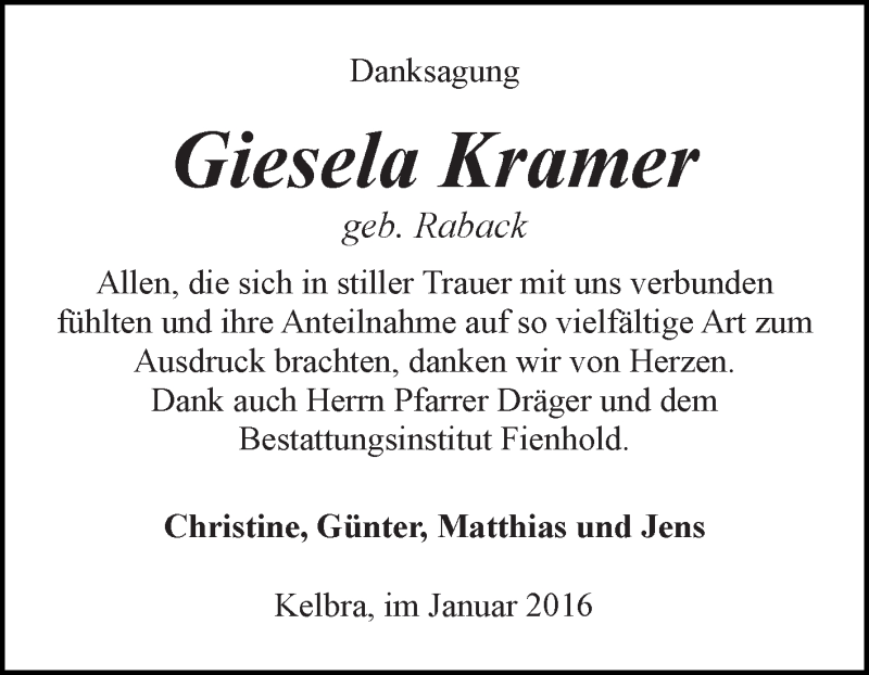  Traueranzeige für Giesela Kramer vom 16.01.2016 aus Super Sonntag SGH Mansf. Land
