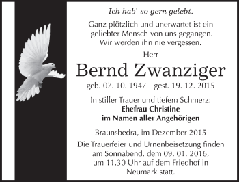 Traueranzeige von Bernd Zwanziger von Mitteldeutsche Zeitung Merseburg/Querfurt