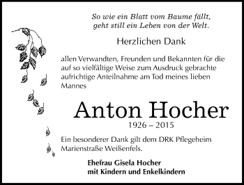 Traueranzeige von Anton Hocher von Mitteldeutsche Zeitung Weißenfels