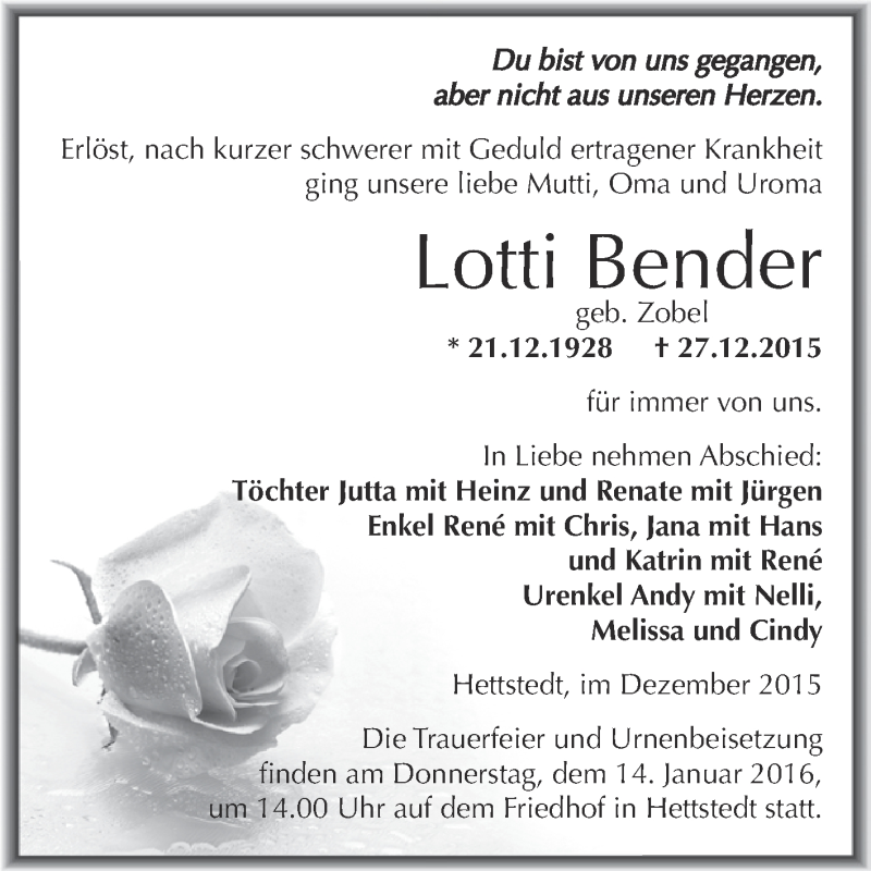  Traueranzeige für Lotti Bender vom 06.01.2016 aus Wochenspiegel Mansfelder Land