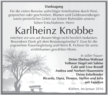 Traueranzeige von Karlheinz Knobbe von WVG - Wochenspiegel Dessau / Köthen