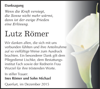Traueranzeige von Lutz Römer von WVG - Wochenspiegel Merseburg