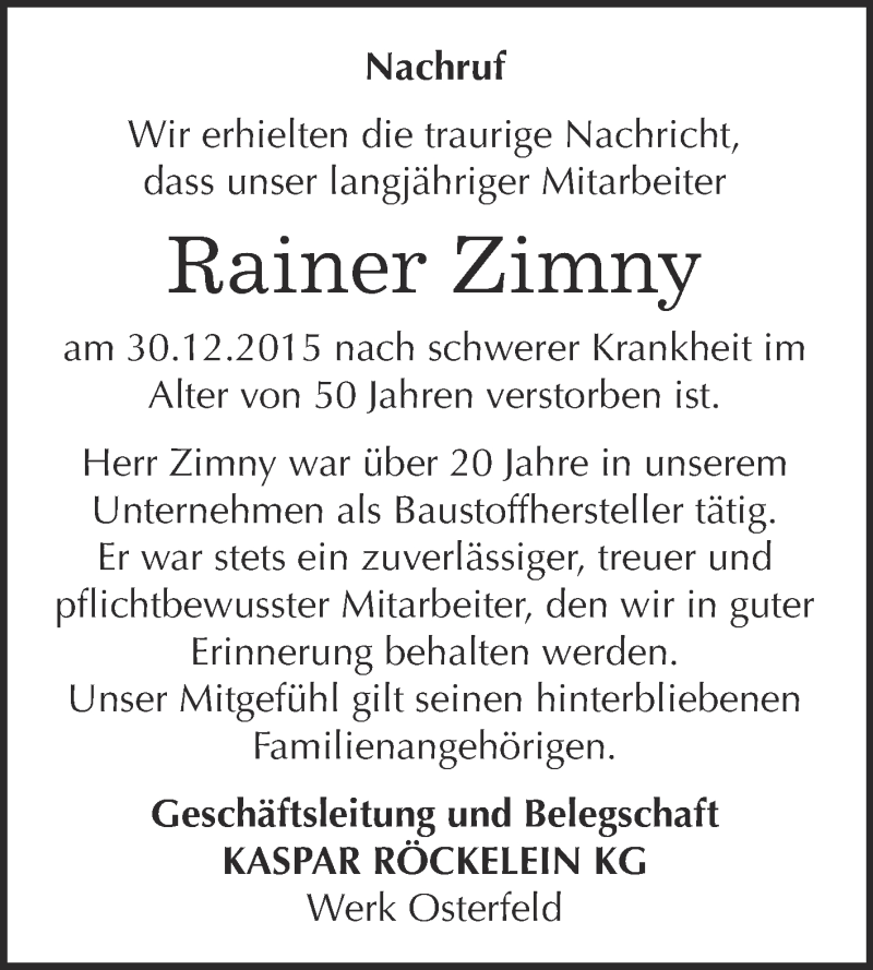  Traueranzeige für Rainer Zimny vom 16.01.2016 aus Super Sonntag Zeitz