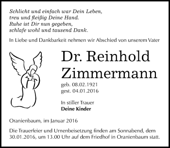Traueranzeige von Reinhold Zimmermann von Mitteldeutsche Zeitung Wittenberg