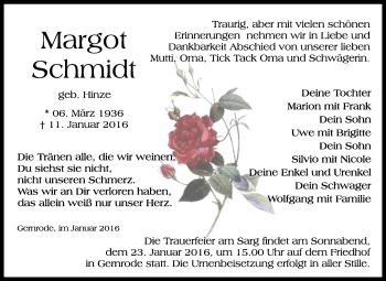 Traueranzeige von Margot Schmidt von WVG - Wochenspiegel Quedlinburg