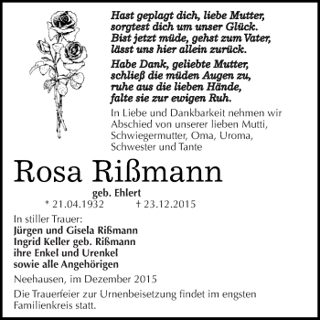 Traueranzeige von Rosa Rißmann von Wochenspiegel Mansfelder Land