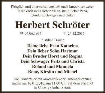 Traueranzeige von Herbert Schröter von WVG - Wochenspiegel Dessau / Köthen