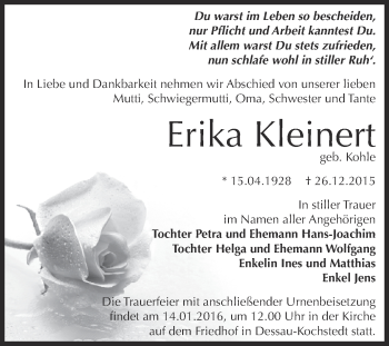 Traueranzeige von Erika Kleinert von WVG - Wochenspiegel Dessau / Köthen