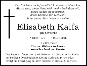 Traueranzeige von Elisabeth Kalfa von Mitteldeutsche Zeitung Dessau-Roßlau