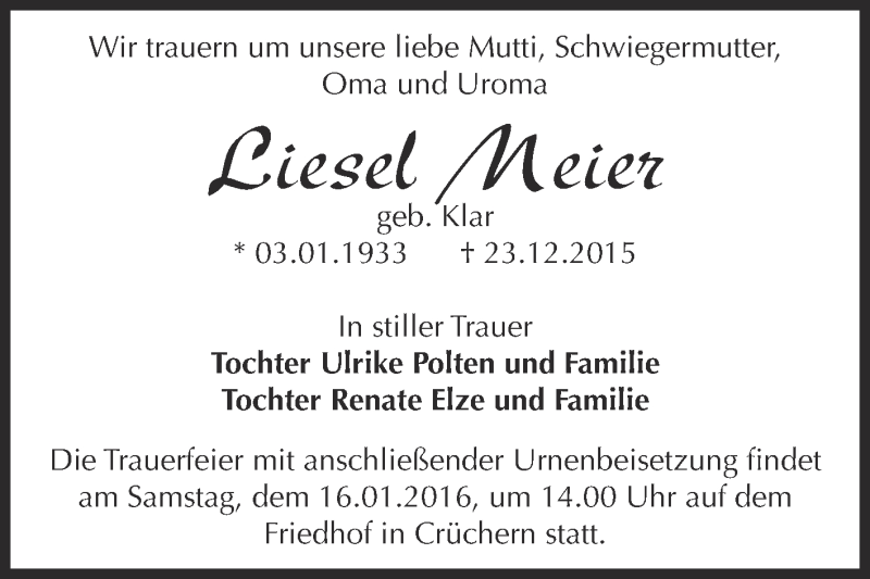  Traueranzeige für Liesel Meier vom 02.01.2016 aus Super Sonntag Bernburg