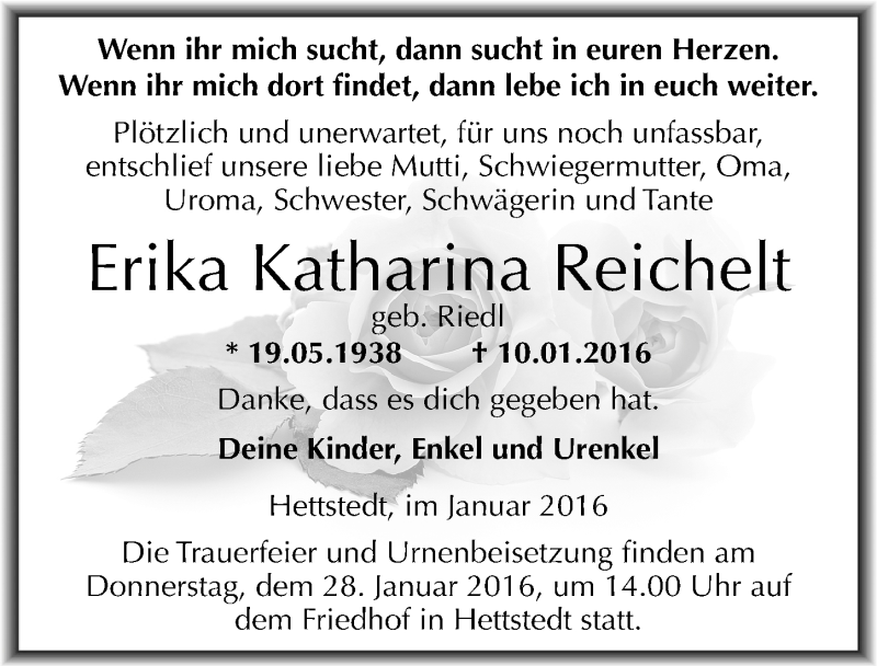  Traueranzeige für Erika Katharina Reichelt vom 16.01.2016 aus Mitteldeutsche Zeitung Mansfelder Land