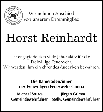Traueranzeige von Horst Reinhardt von Mitteldeutsche Zeitung Sangerhausen