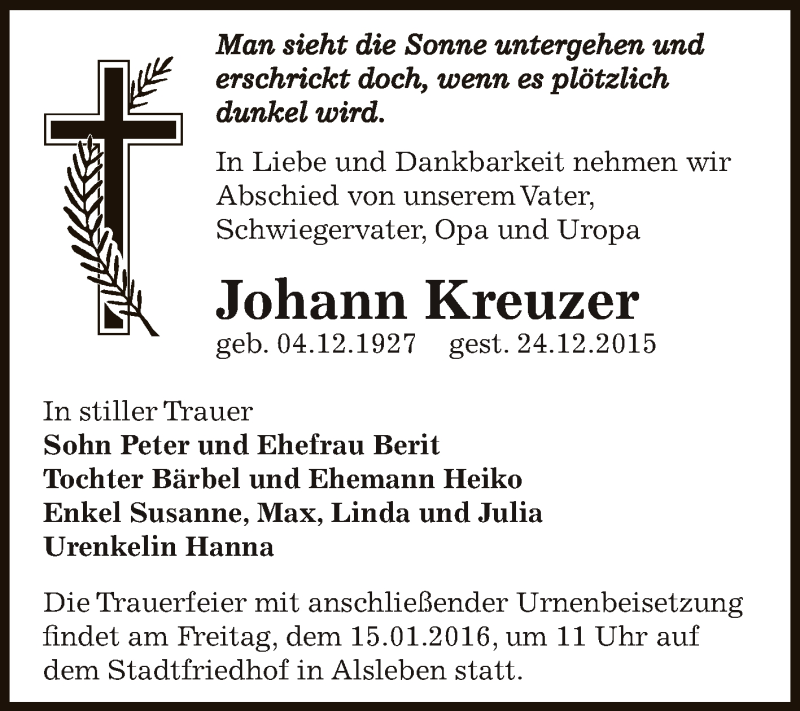 Traueranzeige für Johann Kreuzer vom 02.01.2016 aus Super Sonntag Bernburg
