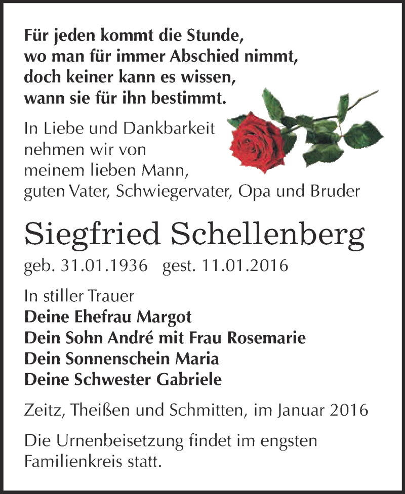  Traueranzeige für Siegfried Schellenberg vom 16.01.2016 aus Super Sonntag Zeitz