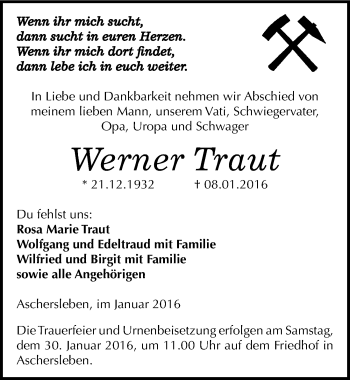 Traueranzeige von Werner Traut von Mitteldeutsche Zeitung Aschersleben