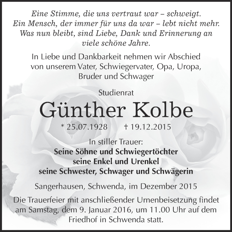  Traueranzeige für Günther Kolbe vom 02.01.2016 aus WVG - Wochenspiegel Quedlinburg