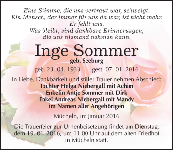 Traueranzeige von Inge Sommer von Mitteldeutsche Zeitung Merseburg/Querfurt