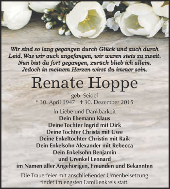 Traueranzeige von Renate Hoppe von WVG - Wochenspiegel Dessau / Köthen