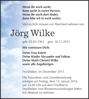 Traueranzeige von Jörg Wilke von Super Sonntag Aschersleben