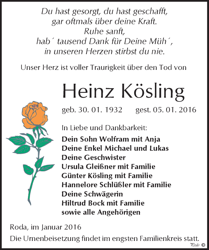  Traueranzeige für Heinz Kösling vom 09.01.2016 aus Mitteldeutsche Zeitung Zeitz