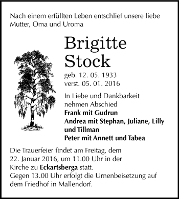 Traueranzeige von Brigitte Stock von WVG - Wochenspiegel NMB / WSF / ZTZ