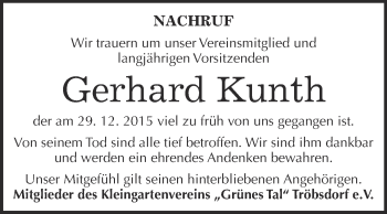 Traueranzeige von Gerhard Kunth von WVG - Wochenspiegel NMB / WSF / ZTZ
